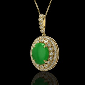 9.17 ctw Jade & Diamond Victorian Necklace 14K Yellow Gold