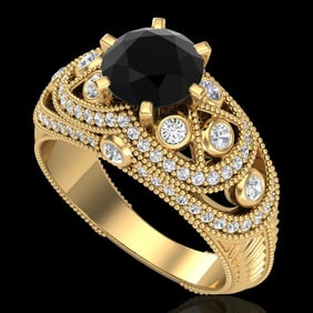 2 ctw Fancy Black Diamond Engagment Art Deco Ring 18k Yellow Gold