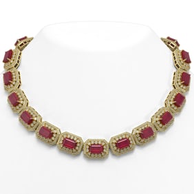 137.65 ctw Certified Ruby & Diamond Victorian Necklace 14K Yellow Gold