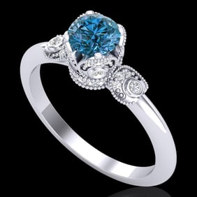 1 ctw Intense Blue Diamond Engagment Art Deco Ring 18k White Gold