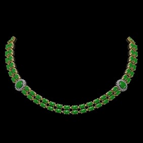 27.65 ctw Jade & Diamond Necklace 14K Yellow Gold