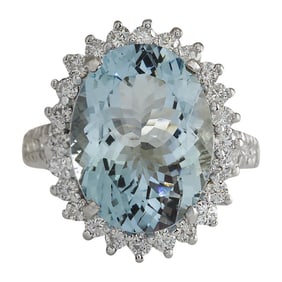 Natural Aquamarine Diamond Ring In 14