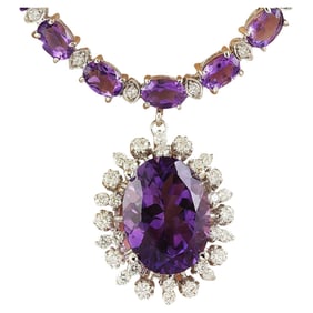 Natural Amethyst Diamond Necklace In 14