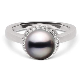 Black Tahitian Pearl and Diamond Halo Ring, 8.0-9.0mm