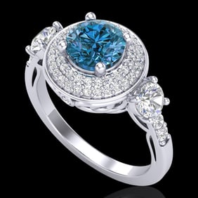 2.05 ctw Intense Blue Diamond Art Deco 3 Stone Ring 18k White Gold