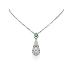 3.9 ctw Emerald & Diamond Necklace 18K White Gold