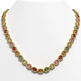 31.96 ctw Multi Color Sapphire & Diamond Micro Pave Necklace 10k Yellow Gold