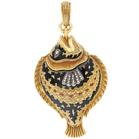 Diamond And Enamel Sunfish Lapel Watch