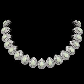 100.62 ctw Certified Opal & Diamond Victorian Necklace 14K White Gold