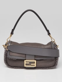 Fendi Anthracite Sheep Fur/Leather Baguette Bag