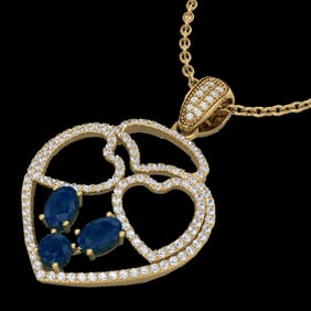 3 ctw Sapphire & Micro Pave Designer Heart Necklace 14k Yellow Gold