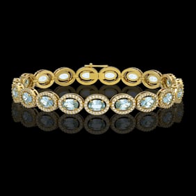 11.02 ctw Aquamarine & Diamond Micro Pave Halo Bracelet 10k Yellow Gold