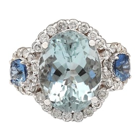 Aquamarine Sapphire Diamond Ring 14K White Gold