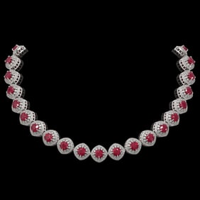 82.17 ctw Certified Ruby & Diamond Victorian Necklace 14K White Gold