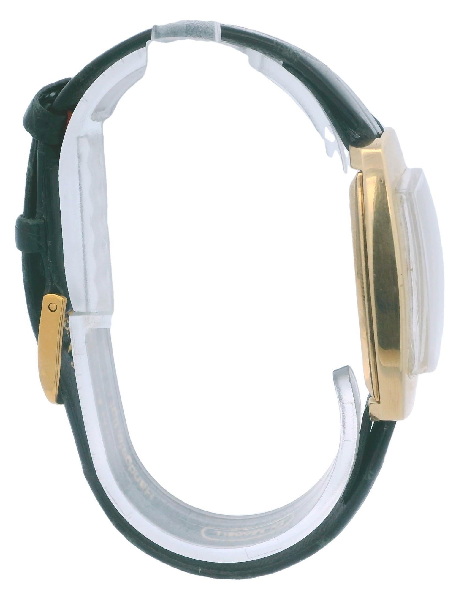 Bucherer 18k Yellow Gold Cushion Automatic: Bucherer 18k Yellow Gold Cushion Automatic Watch 18k Gold cushion-shaped automatic watch by Bucherer. Features a champagne dial with a date indicator. Snap case back. Aftermarket Black leather band. S