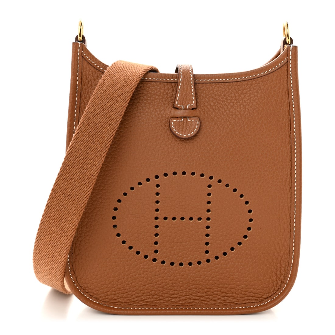 Hermes Taurillon Clemence Evelyne TPM Gold: Hermes Taurillon Clemence Evelyne TPM Gold Brand: HERMES Condition: Excellent Condition Details: Exterior: Edge wear, Hardware: Scratch(es), Handle: Pilling, , Box, Dust bag Base length: 6.75 in Heigh