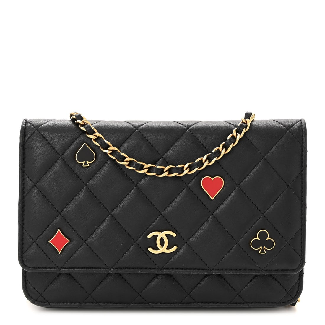 Chanel Lambskin Quilted Enamel Coco Casino: Chanel Lambskin Quilted Enamel Coco Casino Wallet On Chain WOC Black Brand: CHANEL Condition: Shows Wear Condition Details: Interior: Residue marks, scuffs, lining peeling, imprints, pocket(s) stretch