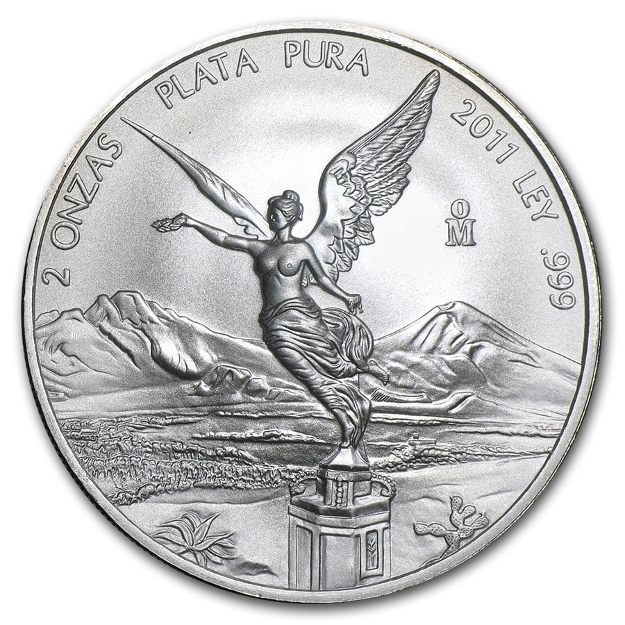 2011 Mexico 2 oz Silver Libertad: 2011 Mexico 2 oz Silver Libertad BU SKU no: RBJ60596;Year: 2011;Grade: Brilliant Unc;Grade Service: None;Mint Mark: Mo - Mexico City;Metal Content: 2 troy oz;Purity: .999;Thickness: 4.5 mm;Diameter: 4
