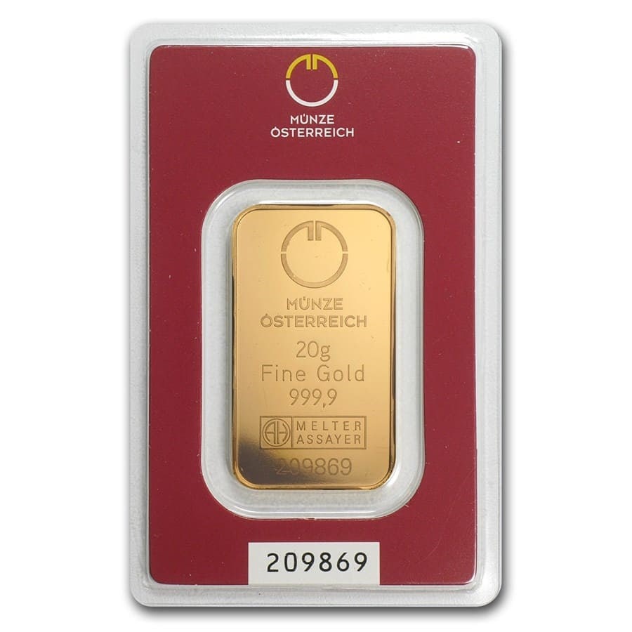 20 gram Gold Bar - Austrian: 20 gram Gold Bar - Austrian Mint (In Assay) SKU no: RBJ78377;Year: N/A;Grade Service: Assay Card;Denomination: 20 grams;Mint Mark: N/A - Not Available;Metal Content: 0.643 troy oz;Purity: .9999;Thickn