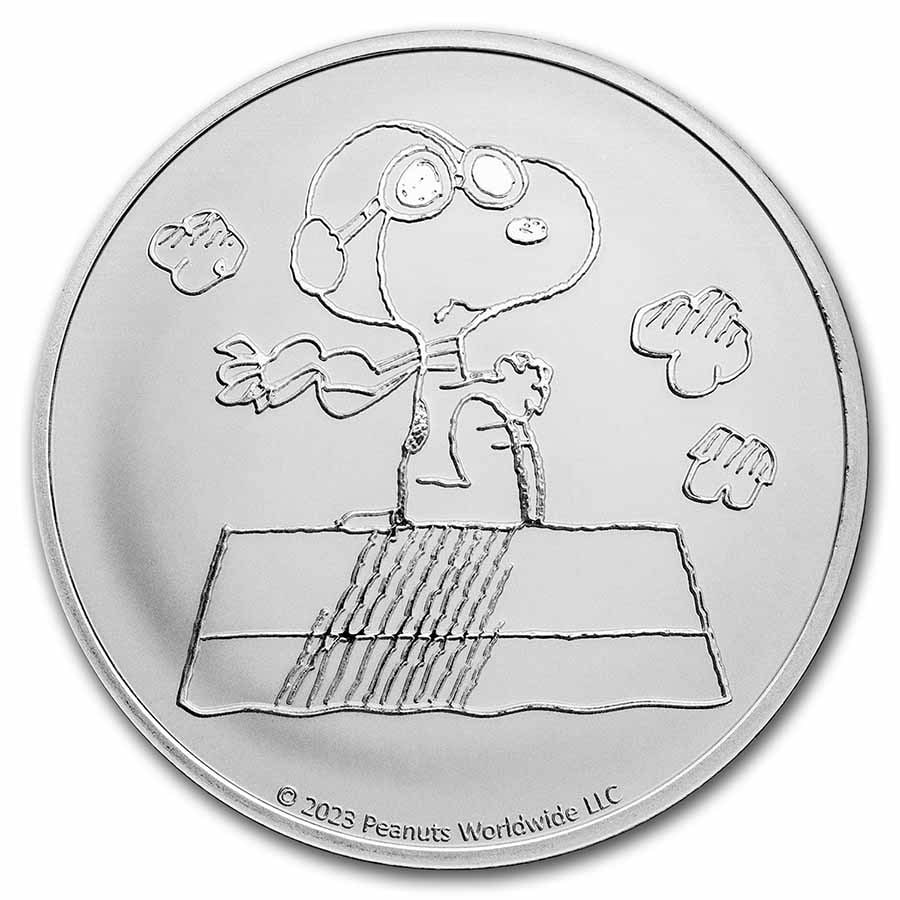 Peanuts Snoopy Flying Ace 1 oz: Peanuts Snoopy Flying Ace 1 oz Silver Round SKU no: RBJ277196;Grade: None;Grade Service: None;Mint Mark: N/A - Not Available;Metal Content: 1 troy oz;Purity: .999;Thickness: N/A mm;Diameter: 39 mm Gui