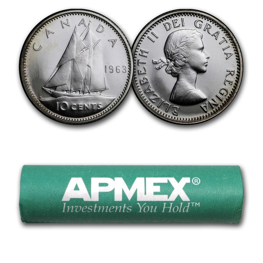 1963 Canada Silver Dimes 50-Coin Roll: 1963 Canada Silver Dimes 50-Coin Roll BU SKU no: RBJ312763;Year: 1963;Grade: Brilliant Unc;Grade Service: None;Denomination: 10 Cents;Mint Mark: RCM (Not Shown);Metal Content: 3 troy oz;Purity: .800;T