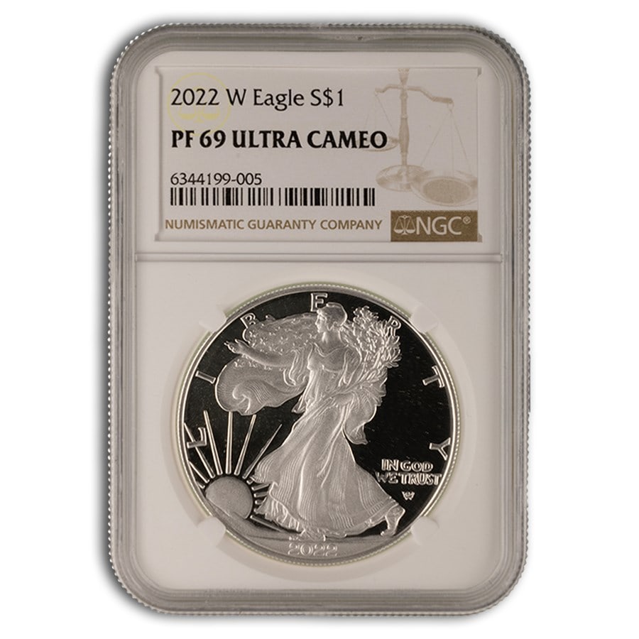 2022-W 1 oz Proof Silver Eagle: 2022-W 1 oz Proof Silver Eagle PF-69 NGC SKU no: RBJ289361;Year: 2022;Grade Service: NGC;Denomination: 1 Dollar;Metal Content: 1 troy oz;Purity: .999;Thickness: 2.98 mm;Diameter: 40.6 mm Guidelines fo