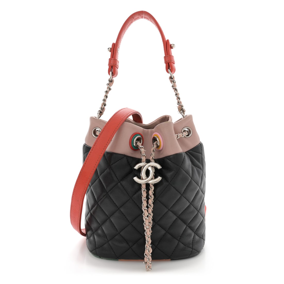 Chanel Lambskin Quilted Cuba Drawstring Tote: Chanel Lambskin Quilted Cuba Drawstring Tote Multicolor Brand: CHANEL Condition: Shows Wear Condition Details: Interior: Residue marks, musty odor, stain(s), Exterior: Scuffs, nicks, faded area(s), di