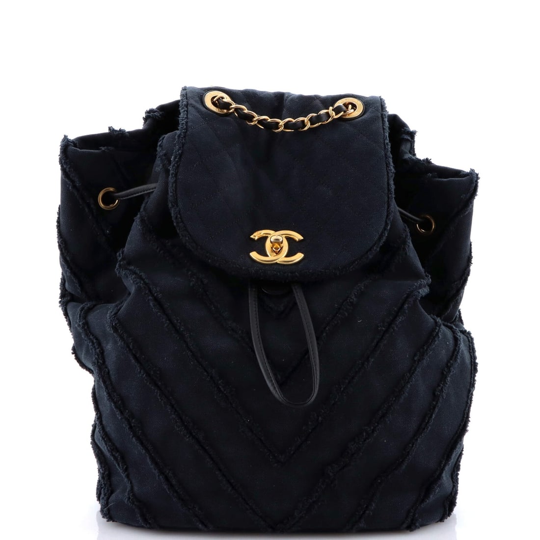 Chanel Cuba Drawstring Backpack Chevron Patchwork: Chanel Cuba Drawstring Backpack Chevron Patchwork Canvas Exterior Color: Black Interior Color: Black Exterior Material: Canvas Plain Interior Material: Fabric Hardware Color: Aged Gold Estimated R