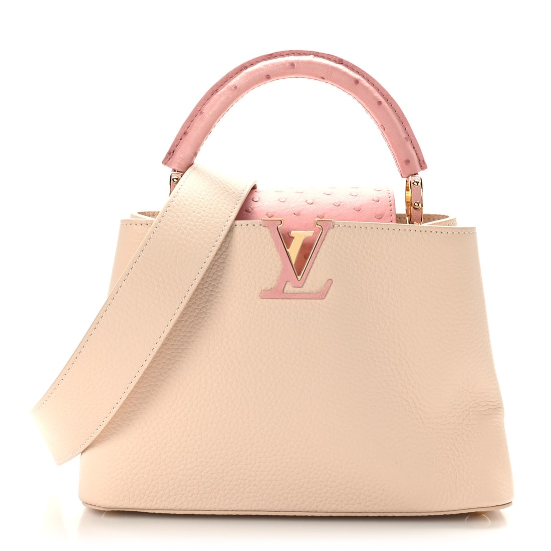Louis Vuitton Taurillon Ostrich Capucines BB: Louis Vuitton Taurillon Ostrich Capucines BB Powder Pink Beige Brand: LOUIS VUITTON Condition: Excellent Condition Details: Exterior: Creases, Hardware: Faint scratch(es) Base length: 10.5 in Width: 3