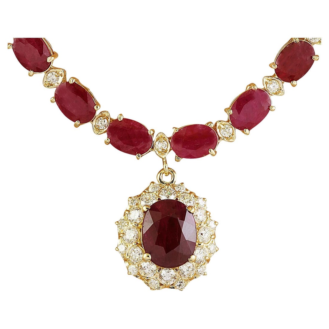 Natural Ruby Diamond Necklace In 14: Natural Ruby Diamond Necklace In 14 Karat Yellow Gold 44.60 Carat Natural Ruby 14 Karat Solid Yellow Gold Diamond Necklace Stamped: 14K Total Necklace Weight: 28.7 Grams Necklace Length: 18 Inches Cen