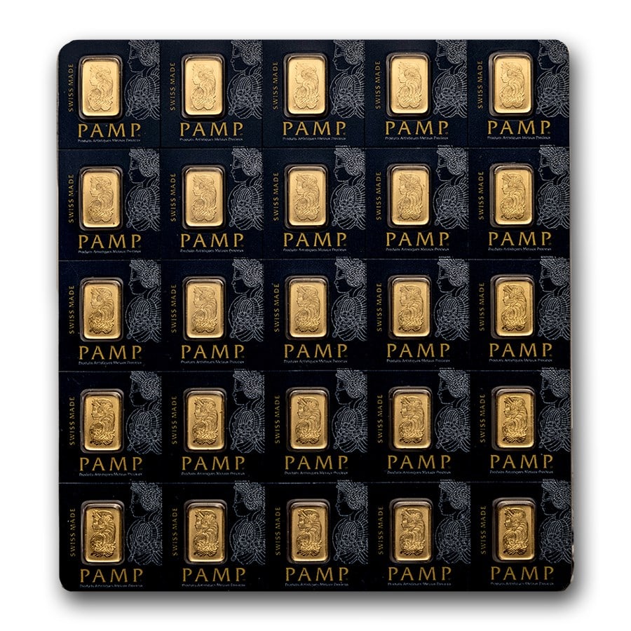 25x1 gram Gold Bar PAMP Suisse: 25x1 gram Gold Bar PAMP Suisse Multigram+25 (In Assay) SKU no: RBJ80382;Year: Random;Grade: None;Grade Service: Assay Card;Denomination: 1 gram;Mint Mark: N/A - Not Available;Metal Content: 0.8038 tro