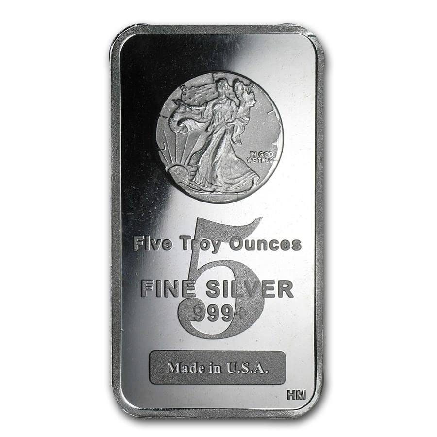 5 oz Silver Bar - Walking: 5 oz Silver Bar - Walking Liberty Design SKU no: RBJ80707;Year: N/A;Grade: None;Grade Service: None;Denomination: 5 oz;Mint Mark: N/A - Not Available;Metal Content: 5 troy oz;Purity: .999;Thickness: 6