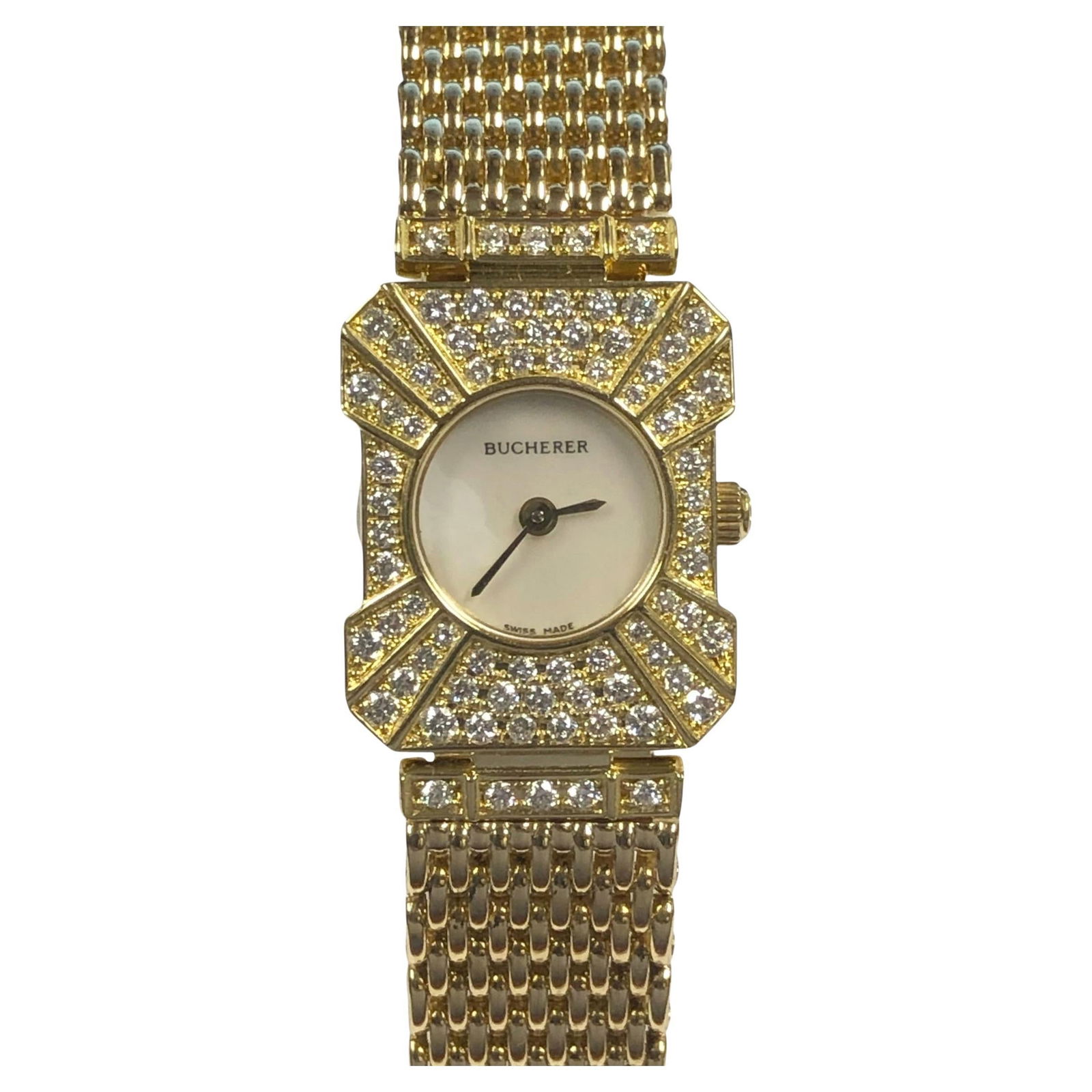 Bucherer Ladies Yellow Gold and Diamond: Bucherer Ladies Yellow Gold and Diamond Pave Wrist Watch Circa 2000 Bucherer Ladies 18k Yellow Gold Bracelet Wrist Watch, 20 x 17 M.M 2 piece case set with Fine White Round Brilliant cut Diamonds tota