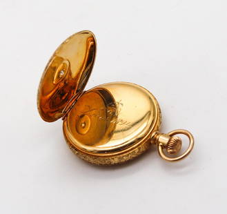 Waltham 1886 Riverside Size 0s Hunting: Waltham 1886 Riverside Size 0s Hunting Pocket Watch In 18Kt Gold With Diamond Brand: American Waltham Watch Co. Case Material: Gold, 18k Gold, Yellow Gold Stone: Diamond, White Diamond Stone Cut: Roun