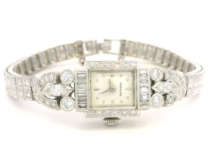 Antique Art Deco Platinum 3.72ctw Old: Antique Art Deco Platinum 3.72ctw Old Diamond Fancy Wrist Watch Bracelet Brand: Hamilton Case Material: White Gold, Platinum Stone: Diamond Stone Cut: Baguette Cut Weight: 30.5 g Strap Material: P