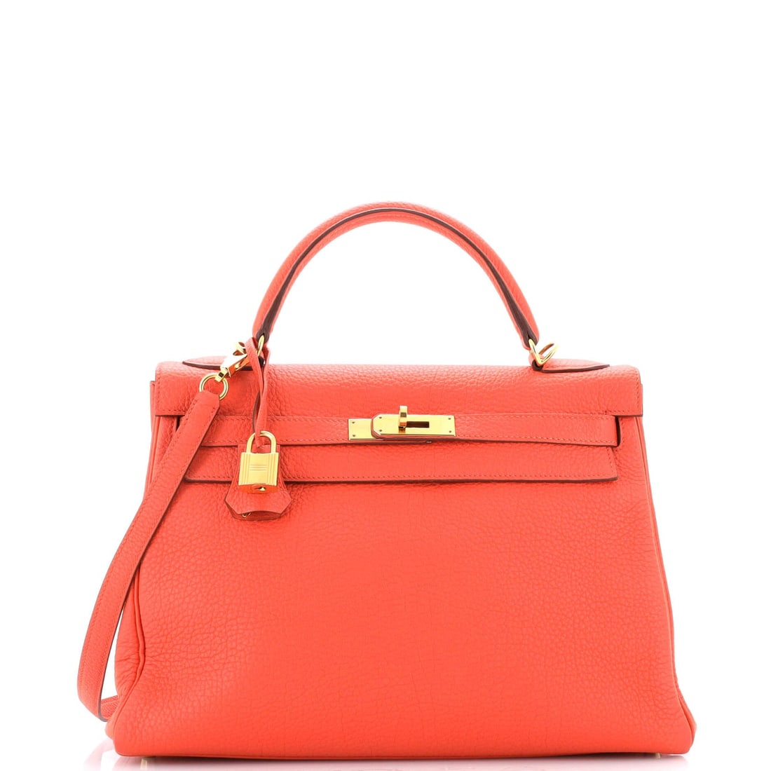 Hermes Kelly Handbag Orange Poppy Togo: Hermes Kelly Handbag Orange Poppy Togo with Gold Hardware 32 Hermes Color: Orange Poppy Exterior Material: Leather Interior Material: Leather Hardware Color: Gold Accessories: Clochette, Keys, Lock, D