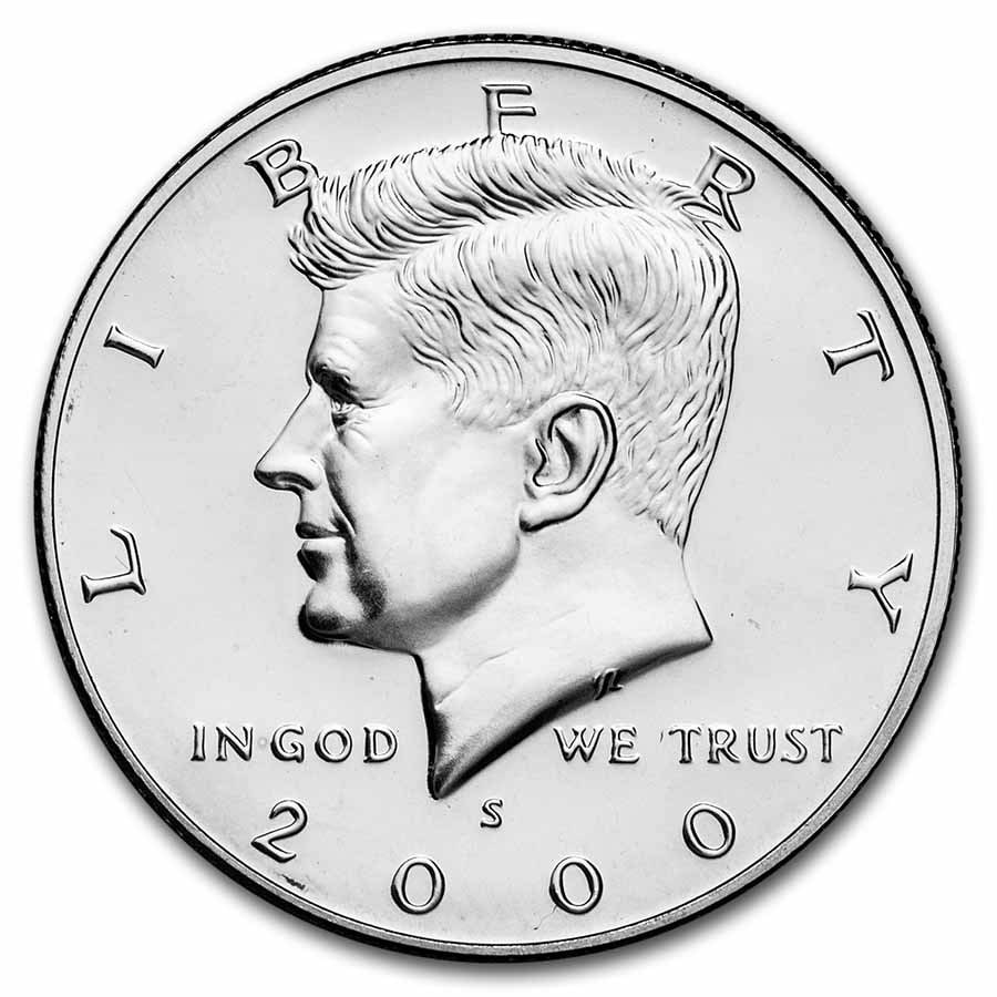 2000-S Silver Kennedy Half Dollar 20-Coin: 2000-S Silver Kennedy Half Dollar 20-Coin Roll Proof SKU no: RBJ29806 Year: 2000 Grade: Proof Grade Service: None Denomination: 50 Cents Mint Mark: S - San Francisco Metal Content: 7.23 t