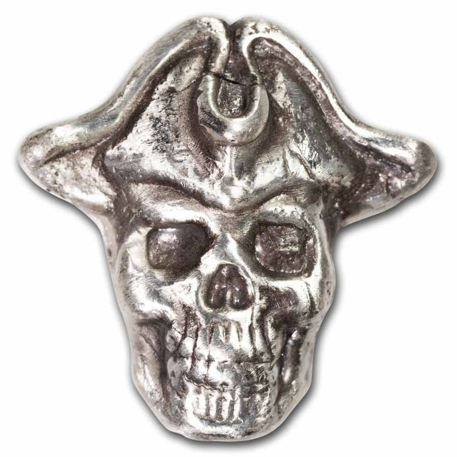1.75 oz Hand Poured Silver -: 1.75 oz Hand Poured Silver - Pirate Captain Skully SKU no: RBJ284753 Grade: None Grade Service: None Mint Mark: N/A - Not Available Metal Content: 1.75 troy oz Purity: .999 Thickness: Var