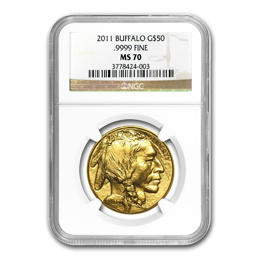 2011 1 oz Gold Buffalo MS-70: 2011 1 oz Gold Buffalo MS-70 NGC SKU no: RBJ69502 Year: 2011 Grade Service: NGC Denomination: 50 Dollars Metal Content: 1 troy oz Purity: .9999 Thickness: 2.95 mm Diameter: 32.7