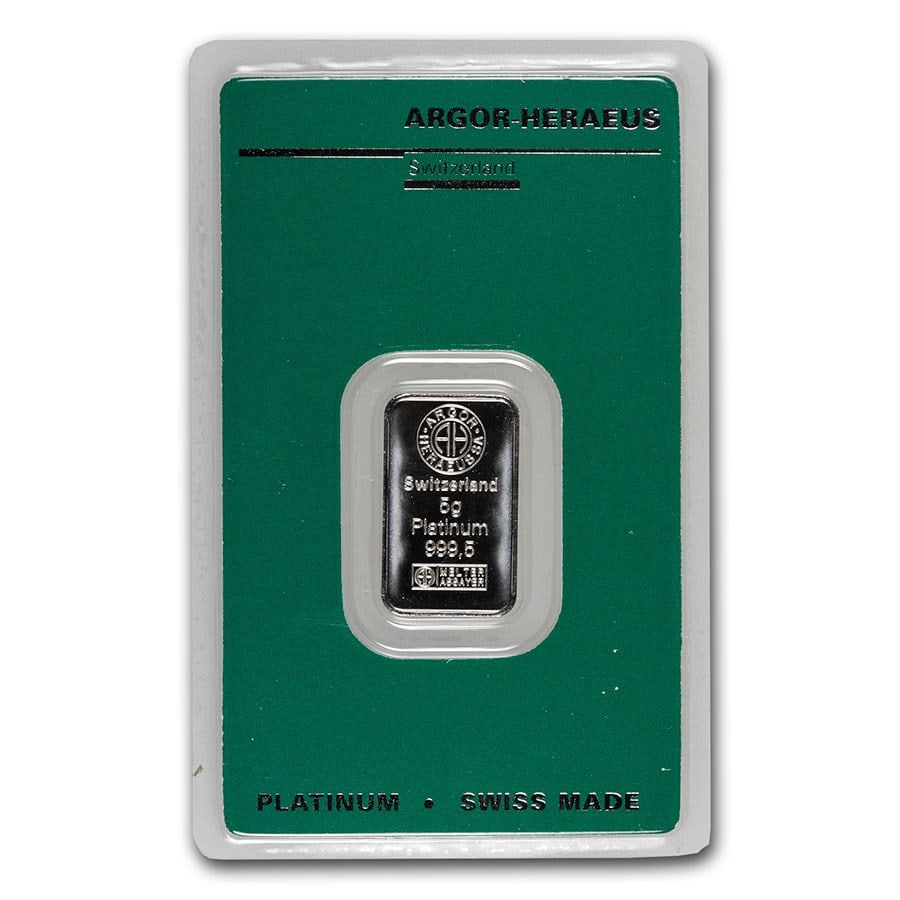 5 gram Platinum Bar - Argor-Heraeus: 5 gram Platinum Bar - Argor-Heraeus (In Assay) SKU no: RBJ96047 Year: N/A Grade: None Grade Service: Assay Card Mint Mark: None Metal Content: 0.1608 troy oz Purity: .9995 Thickn
