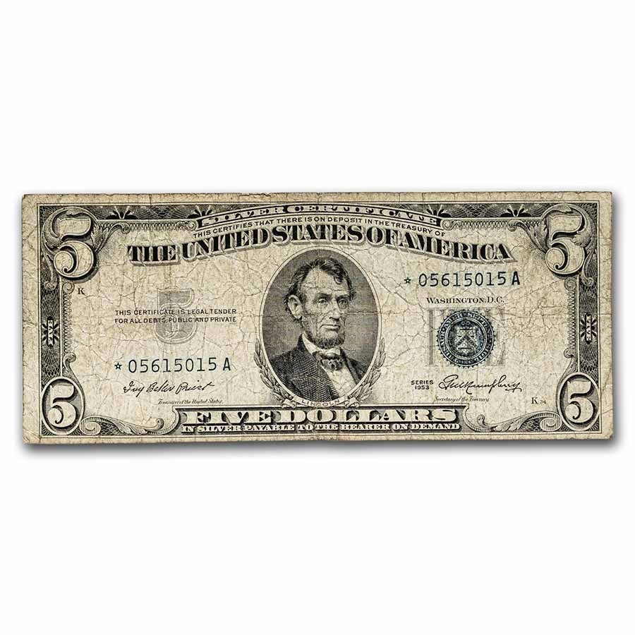 1953-A* $5.00 Silver Certificate VG (Fr#1656*): 1953-A* $5.00 Silver Certificate VG (Fr#1656*) Star Note SKU no: RBJ237454 Year: 1953 Grade: Very Good Grade Service: None Denomination: 5 Dollars Mint Mark: N/A - Not Available Metal Con