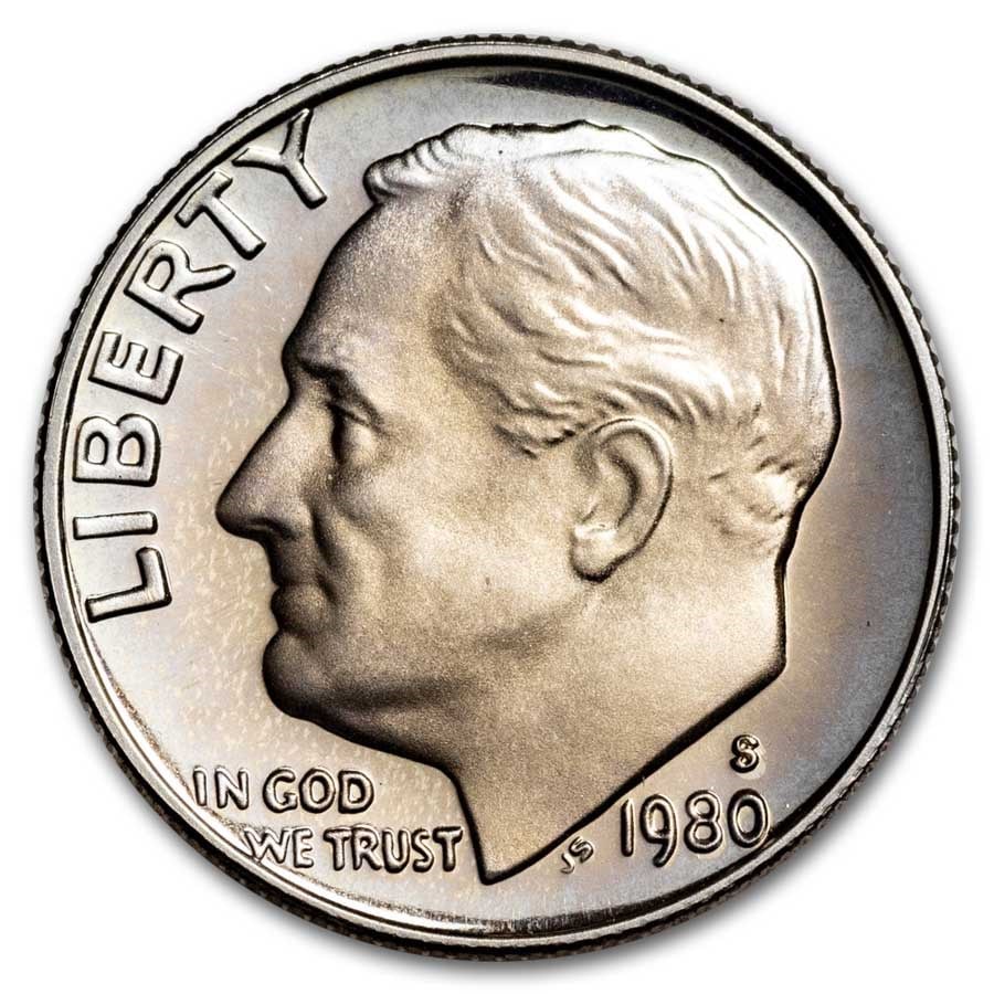1980-S Roosevelt Dime 50-Coin Roll Proof: 1980-S Roosevelt Dime 50-Coin Roll Proof SKU no: RBJ35156 Year: 1980 Grade: Proof Grade Service: None Denomination: 10 Cents Mint Mark: S - San Francisco Metal Content: 0 troy oz