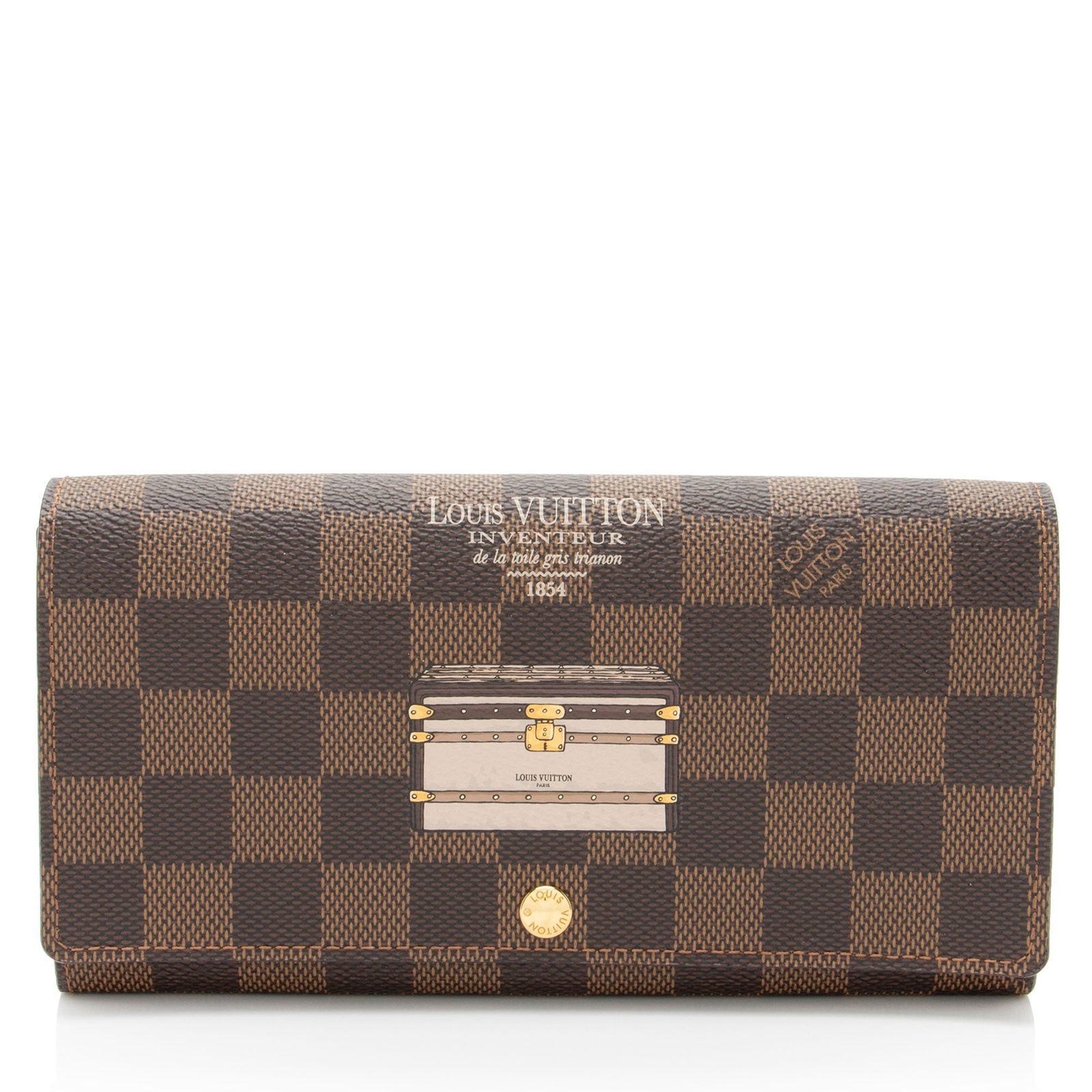 Louis Vuitton Limited Edition Damier Ebene: Louis Vuitton Limited Edition Damier Ebene Trunks & Lock Sarah Wallet Condition Quality: Minor scuffs throughout exterior corners and edges. Surface scratches to hardware. Moderate curling to interior