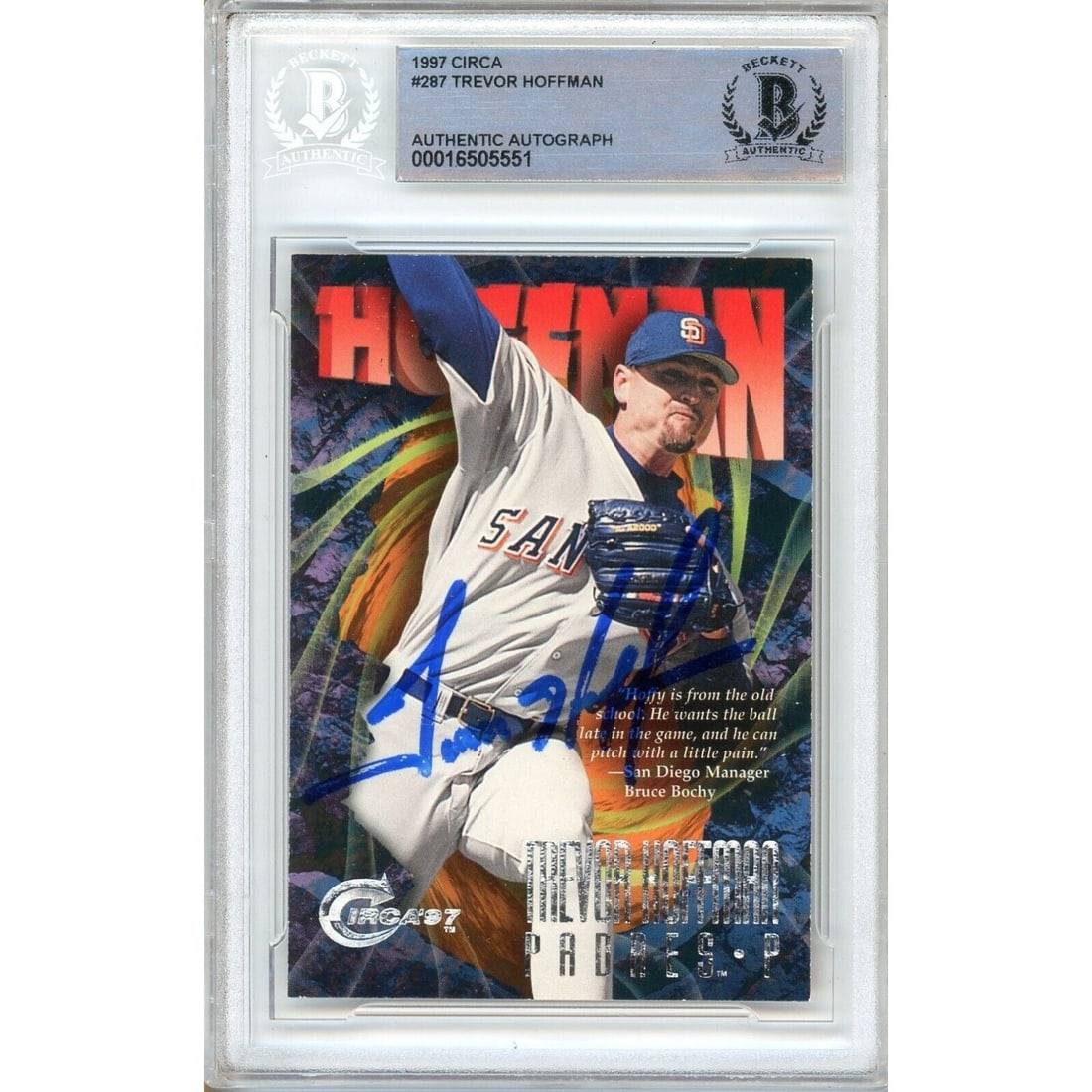 trevor hoffman san diego padres signed: trevor hoffman san diego padres signed 1997 circa baseball card beckett authentic auto slab This original 1997 Skybox Circa baseball card, featuring the San Diego Padres logo and a hard-signed autogra
