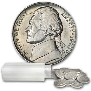 1990-D Jefferson Nickel 40-Coin Roll BU: 1990-D Jefferson Nickel 40-Coin Roll BU SKU no: RBJ29609 Year: 1990 Grade: Brilliant Unc Grade Service: None Denomination: 5 Cents Mint Mark: D - Denver Metal Content: 0 troy oz