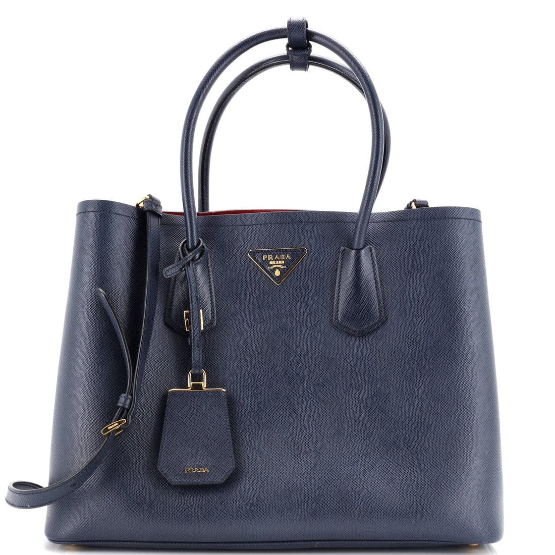 Prada Cuir Double Tote Saffiano Leather: Prada Cuir Double Tote Saffiano Leather Large Exterior Color: Blue Interior Color: Blue, Red Exterior Material: Leather Interior Material: Leather Hardware Color: Gold Accessories: Luggage Tag, Po