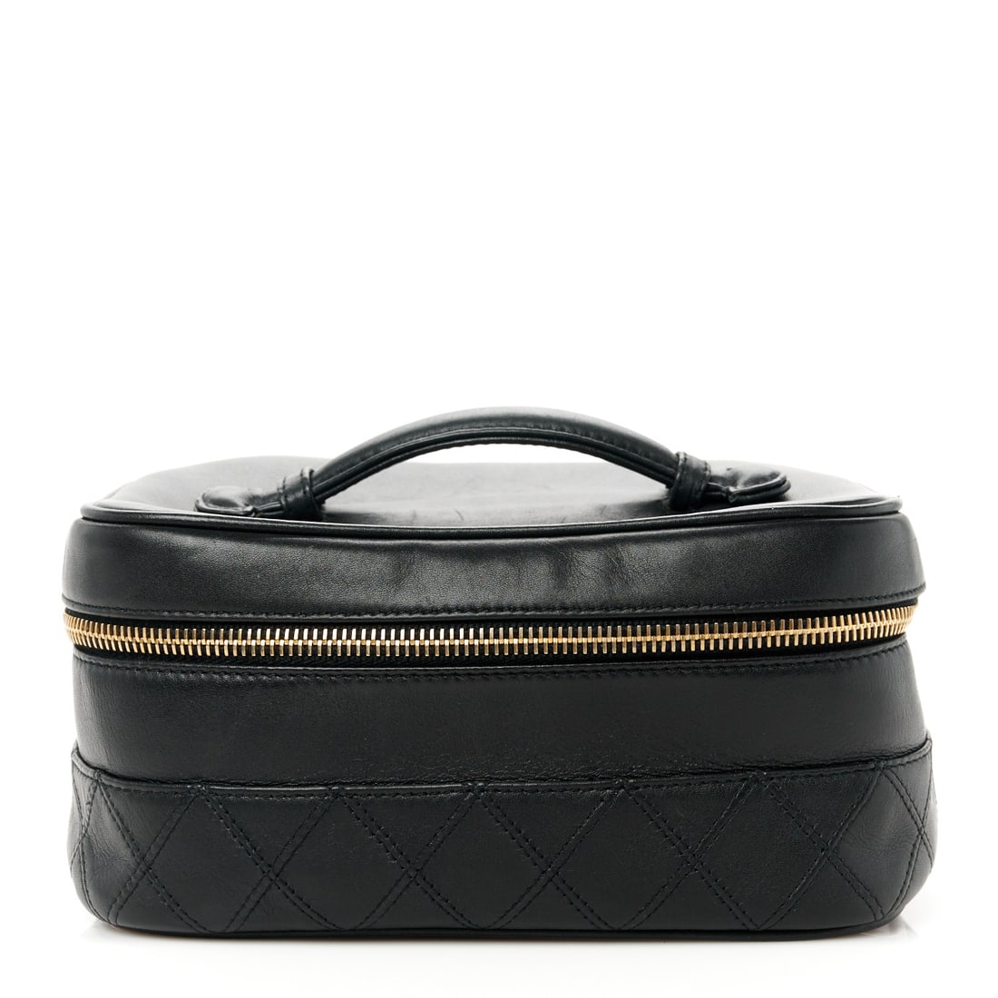 Chanel Lambskin Vanity Cosmetic Case Black: Chanel Lambskin Vanity Cosmetic Case Black Brand: CHANEL Condition: Shows Wear Condition Details: Exterior: Creases, faint scuffs, surface wear, , Authenticity card Base length: 7.5 in Height: 4 in <b