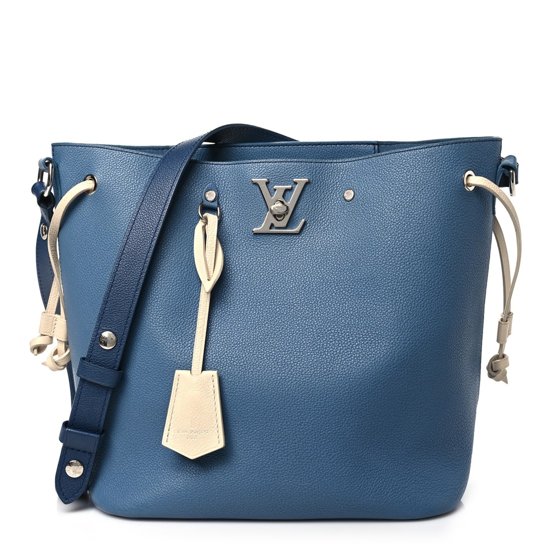 Louis Vuitton Calfskin Lockme Bucket Blue: Louis Vuitton Calfskin Lockme Bucket Blue Jean Brand: LOUIS VUITTON Condition: Shows Wear Condition Details: Exterior: Creases, edge wear, wear at resin glazing, faint corner wear, Handle: Edge wear, 