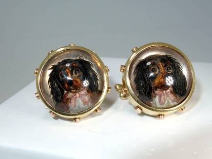 Antique Gold Painting on Crysta, Essex: Antique Gold Painting on Crysta, Essex Crystal, Cufflinks Metal: 14k Gold, Gold Stone: Rock Crystal, Crystal Stone Cut: Cabochon Style: Late Victorian Place of Origin: Unknown Period: Late 19th Ce
