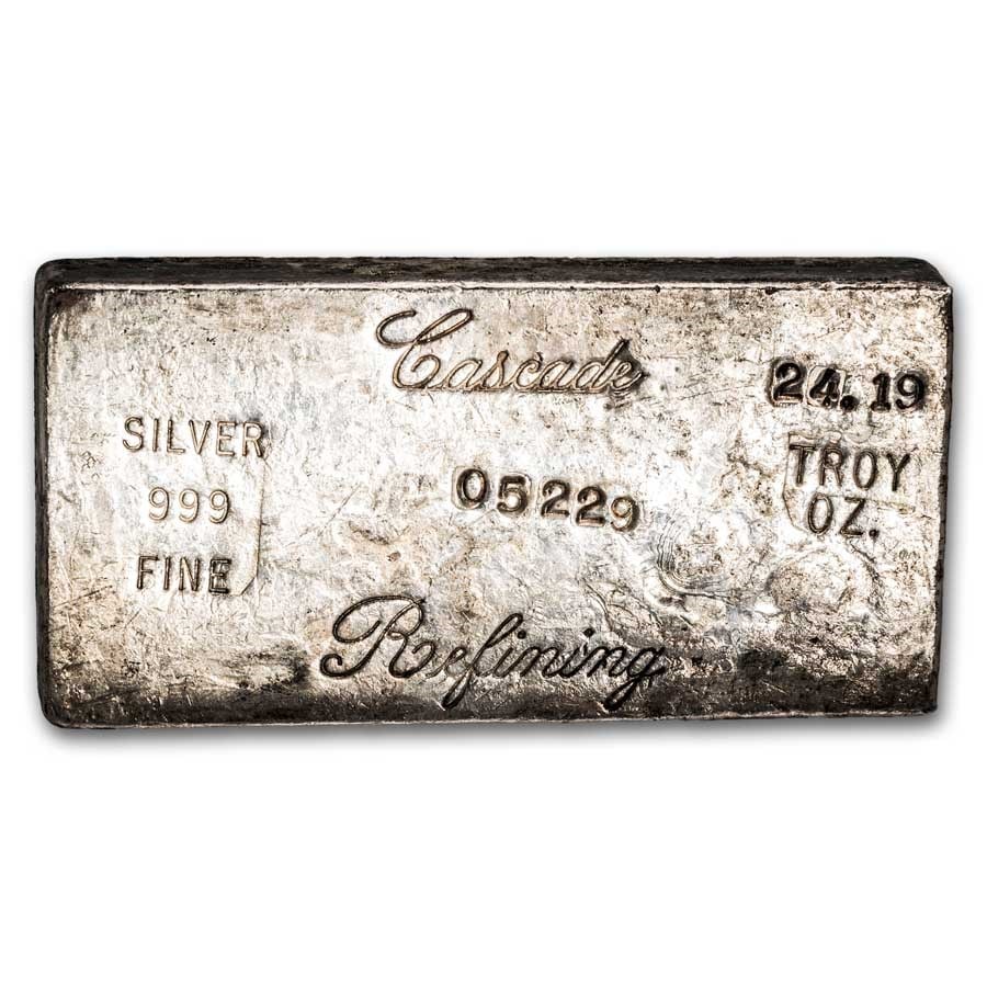 24.19 oz Silver Bar - Cascade: 24.19 oz Silver Bar - Cascade Refining (Poured) SKU no: RBJ307934 Grade: None Grade Service: None Mint Mark: N/A - Not Available Metal Content: 24.19 troy oz Purity: .999 Diameter: N/A mm